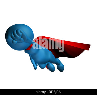 Bleu 3d character voler avec une cape rouge Banque D'Images