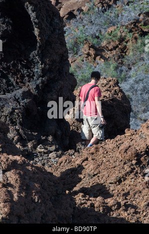 Simon Hosking marche sur l'île Santiago, îles Galapagos Équateur Amérique du Sud de l'Océan Pacifique Banque D'Images