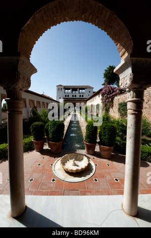 Du canal principal. Les jardins du Generalife. Alhambra de Grenade, Espagne Banque D'Images