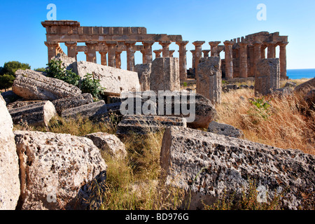 Dorik grecque des colonnes en ruines de Temple E à Selinunte Sicile Banque D'Images