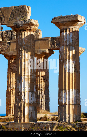 Dorik grecque des colonnes en ruines de Temple E à Selinunte Sicile Banque D'Images