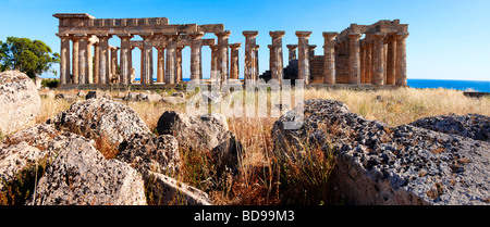 Dorik grecque des colonnes en ruines de Temple E à Selinunte Sicile Banque D'Images