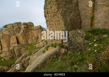 Rock formations in matin soleil près de Treen, West Penwith, Cornwall, UK Banque D'Images