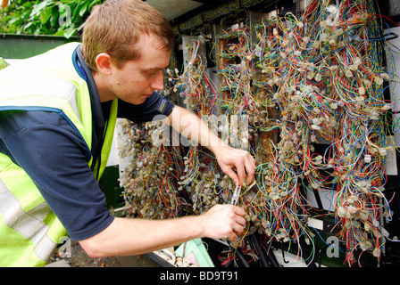 BT Openreach engineer contrôle de lignes téléphoniques, Alton, Hampshire, Royaume-Uni. Banque D'Images