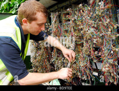 BT Openreach engineer contrôle de lignes téléphoniques, Alton, Hampshire, Royaume-Uni. Banque D'Images