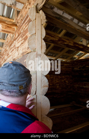 Homme âgé contrôlant l'encadrement de porte d'une cabine en rondins , Finlande Banque D'Images