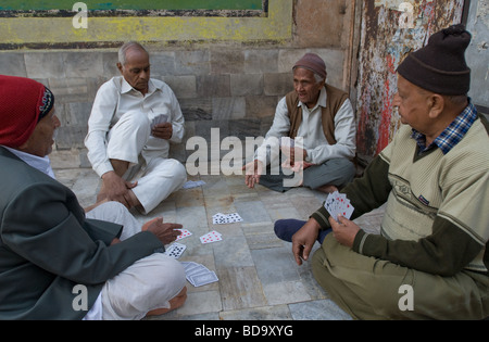 Les hommes âgés jouant un pont-comme jeu de cartes dans Jodphur, Rajasthan, Inde Banque D'Images