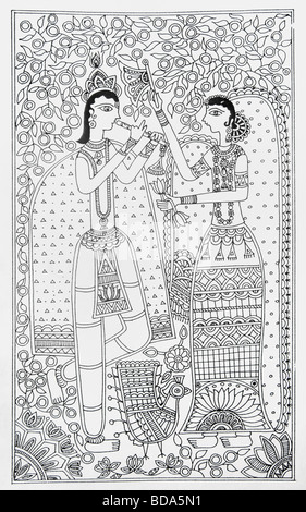 Madhubani peinture représentant le Seigneur Krishna et radha Banque D'Images