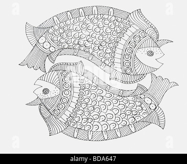 Madhubani peintures illustrant les poissons signe du zodiaque Banque D'Images