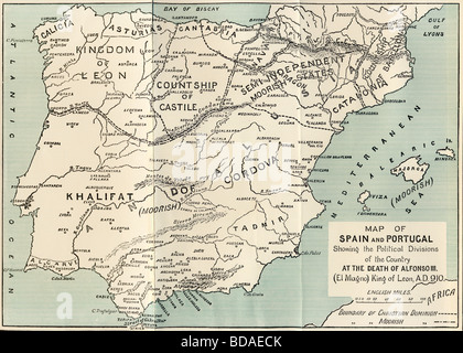 Carte de l'Espagne et Portugal montrant les divisions politiques dans le pays à la mort d'Alphonse III, Roi de Léon. Banque D'Images