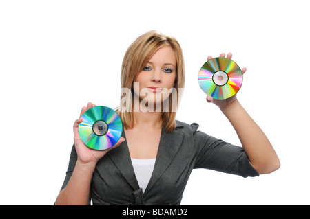 Businesswoman holding CDs isolated on white Banque D'Images