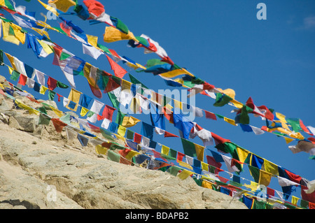 Les drapeaux de prières qui volettent, Ladakh, le Jammu-et-Cachemire, l'Inde Banque D'Images