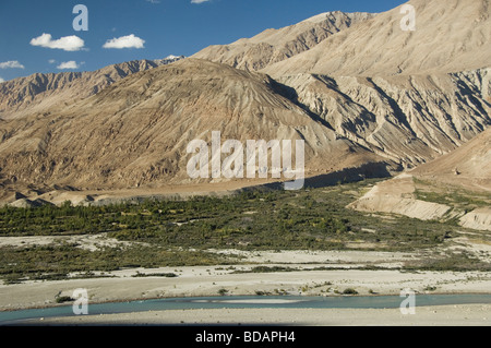 Rivière qui coule dans une vallée, fleuves Shyok River, la Vallée de Nubra, Ladakh, le Jammu-et-Cachemire, l'Inde Banque D'Images