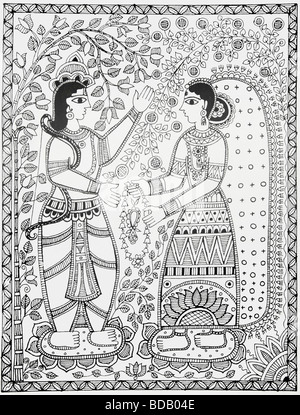 Madhubani peinture représentant le mariage de Lord Rama et sita Banque D'Images