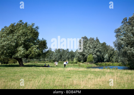 Les marcheurs le long de la rivière Stour entre le village historique de Dedham et dans le pays de Constable Flatford Banque D'Images