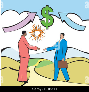 Businessmen shaking hands in front of dollar sign Banque D'Images