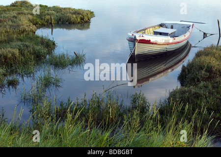 Bateau de pêche traditionnel reflète dans la rivière Stour (1), Essex, Angleterre Banque D'Images