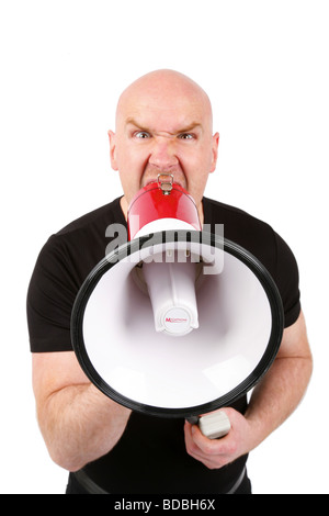 L'homme qui commence en tête à tête un mégaphone Banque D'Images