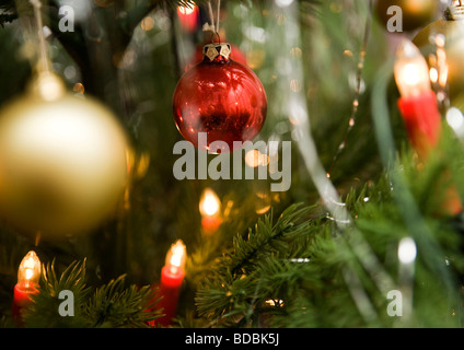 Babioles colorées hanging on christmas tree Banque D'Images