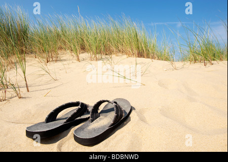 Paire de sandales sur un jour d'été ensoleillé sur la plage, au milieu des dunes à Norfolk Banque D'Images