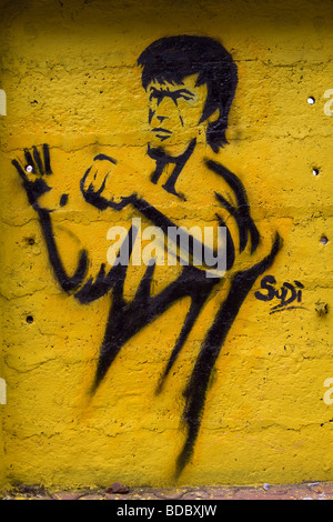 Bruce Lee de graffitis sur les murs de tuyau Tulsi Road à Mumbai Inde Banque D'Images