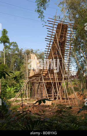 Tana Toraja de Sulawesi Indonésie Bebo tongkonan maison étant construite à l'aide de techniques traditionnelles de construction Banque D'Images