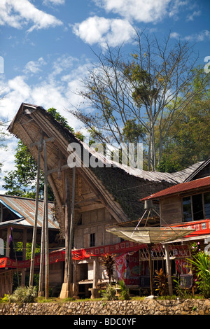 Tana Toraja de Sulawesi Indonésie Bebo télévision satellite Lave l'extérieur tongkonan house en case familiale Banque D'Images