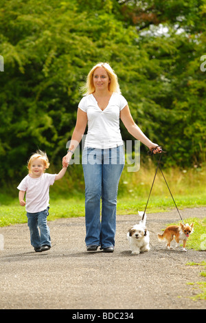 Femme et fille avec Chihuahua et Mixed Breed Dog puppy en laisse se promener Banque D'Images