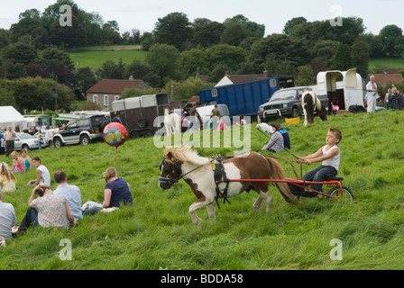 Un jeune garçon fait du trotting à l'aide d'un poney Shetland tirant une charrette à cheval. Priddy Horse Fair Somerset Royaume-Uni années 2000 HOMER SYKES Banque D'Images