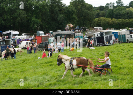 Priddy Horse Fair Mendip Hills, Somerset Royaume-Uni un jeune garçon faisant du trotting à l'aide d'un poney Shetland tirant un chariot à cheval. HOMER SYKES des années 2000 Banque D'Images