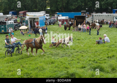 Priddy Horse Fair Somerset Royaume-Uni jeunes garçons de la course de trotting les uns les autres. 2009 Pony et piège. Marchands de chevaux avec remorques HOMER SYKES Banque D'Images