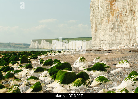 Un jour d'été sur la plage à Eastbourne en Angleterre. Deux personnes à pied le long de la plage, à côté des falaises de craie Banque D'Images