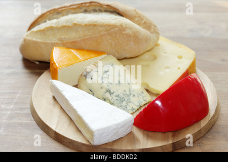 Sélection ou assortiment de fromages savoureux dessert sur un plateau de fromages avec aucun peuple Banque D'Images