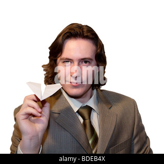 À l'intérieur. Isolé sur blanc. Jeune homme dans un bureau. Banque D'Images