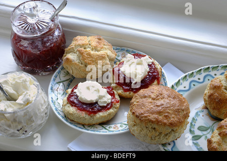 Un thé à la crème. Scones, confiture et crème caillée Banque D'Images