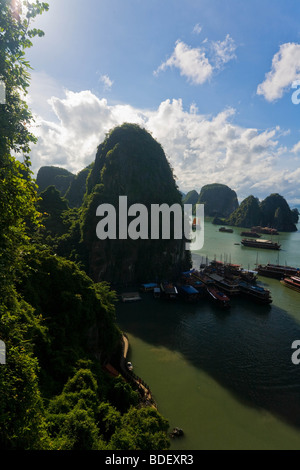 Vue depuis le haut de la bouche de la grotte de Hai Phong sur les îles de la Baie d'Ha Long, Vietnam Banque D'Images