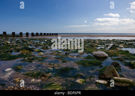 Vue d'une ligne d'épis à travers des rochers et jusqu'à la mer de Cabourg la North Beach Banque D'Images