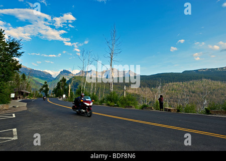 Les motocyclistes sur la route allant vers le soleil dans le Glacier National Park, Montana, USA Banque D'Images