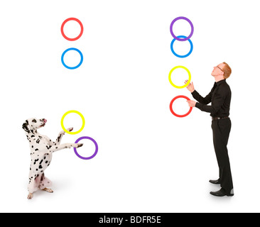 Dalmatien (Canis lupus f. familiaris), youn man teaching son chien à jongler avec joints toriques Banque D'Images