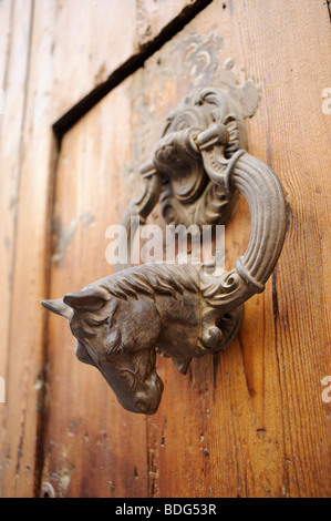 Tête de cheval heurtoir de porte de bois dans le vieux quartier d'El Carmen à Valence. Espagne Banque D'Images