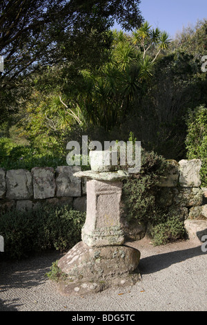 Colonne de granit à l'abbaye de Tresco Jardins Îles Scilly Cornwall UK début novembre Banque D'Images