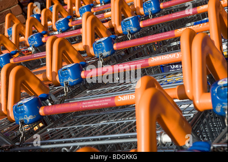 Rangée de shopping trollies enchaînés à l'extérieur d'un magasin supermarchés sainsburys en Angleterre Banque D'Images