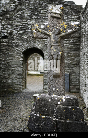 Crucifix en pierre dans les ruines de Monasterboice. Banque D'Images