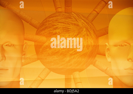 Personnages masculins et forme abstraite. Création numérique 3d illustration futuriste. Banque D'Images