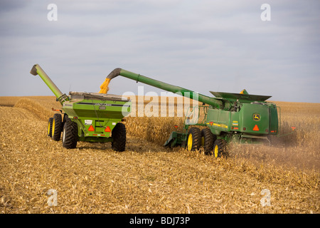 Une moissonneuse-batteuse John Deere récoltes du maïs-grain et décharge dans un chariot de céréales "à la volée"/ près de Northland, Minnesota, USA. Banque D'Images