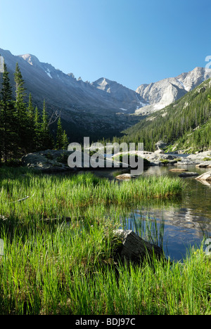 Matin réflexions à Jewel Lake dans la région de Rocky Mountain National Park, Colorado, USA Banque D'Images