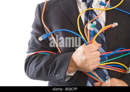 Close-up of Businessman Holding des câbles CAT5 Banque D'Images