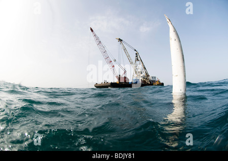 Israël, Hadera, une barge offshore l'exécution de travaux d'installation de la tête d'aspiration pour l'usine de dessalement. Banque D'Images