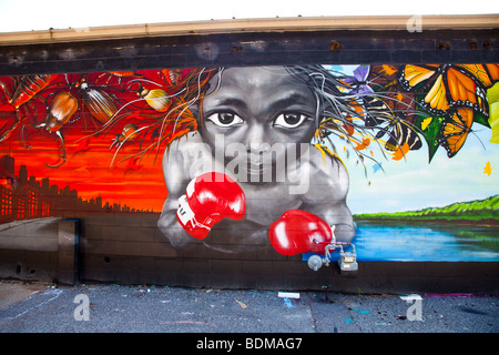 L'art du graffiti par Sheepman derrière Buffalo South de James Island, Charleston, Caroline du Sud. Banque D'Images