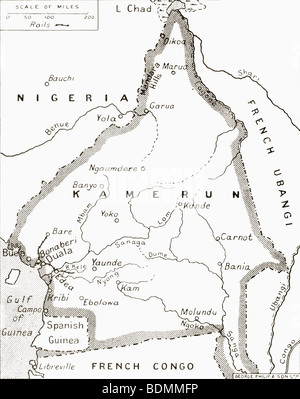 Carte de l'Cameroun, théâtre d'une des campagnes de la Grande-Bretagne pendant la Première Guerre mondiale. Banque D'Images